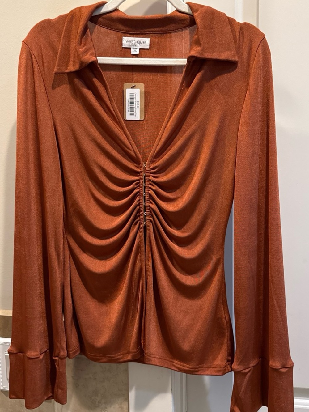vestique Rust Ruched Long-Sleeve Button Down Top